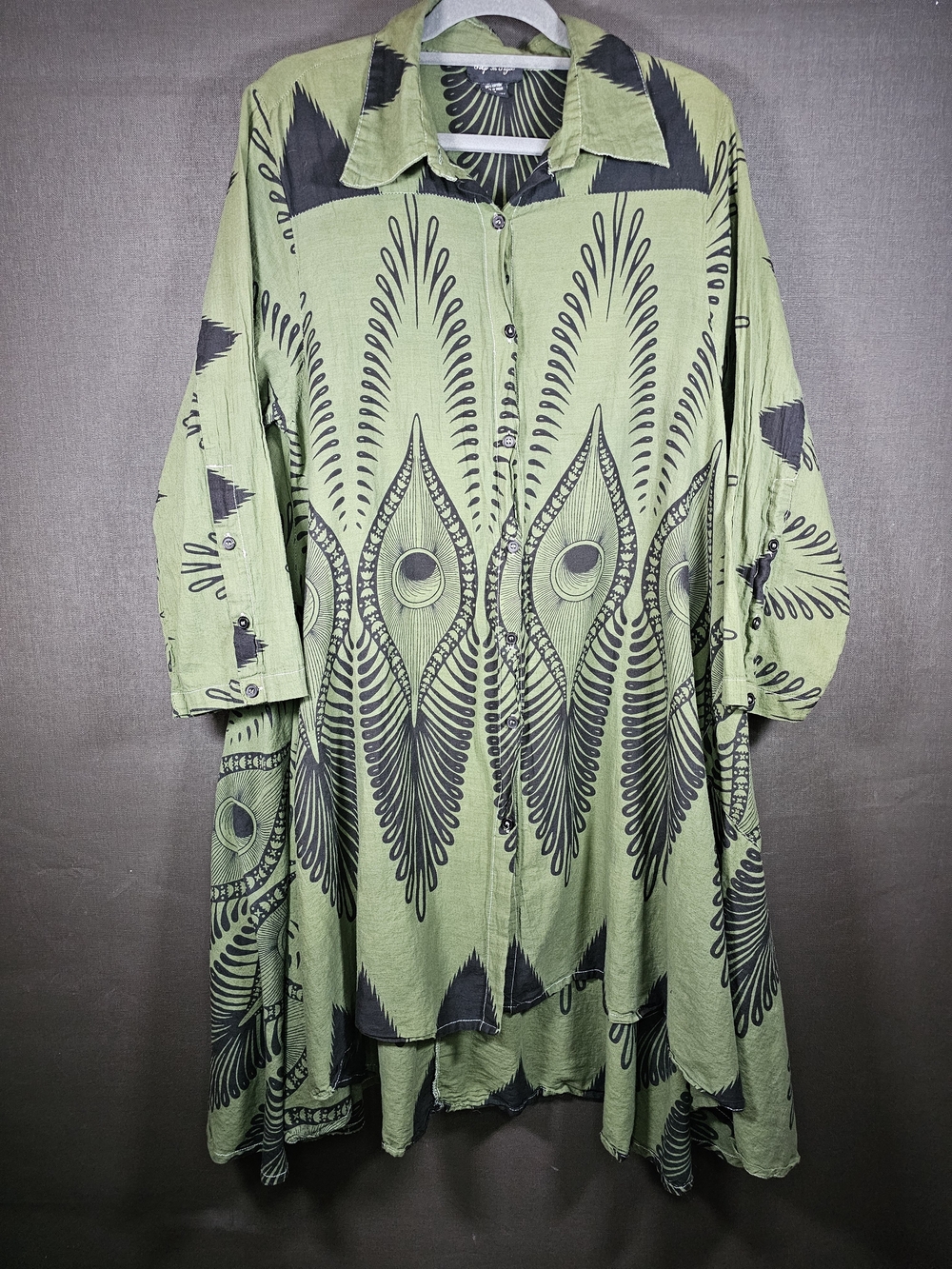 Asymmetrical Button-Front Dress in Olive Green with Black Print